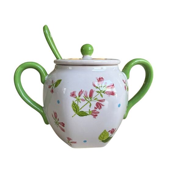 Anthropologie Sugar Bowl Pink Floral Handpainted Stoneware "Pia" Rare New In Box - Picture 4 of 14